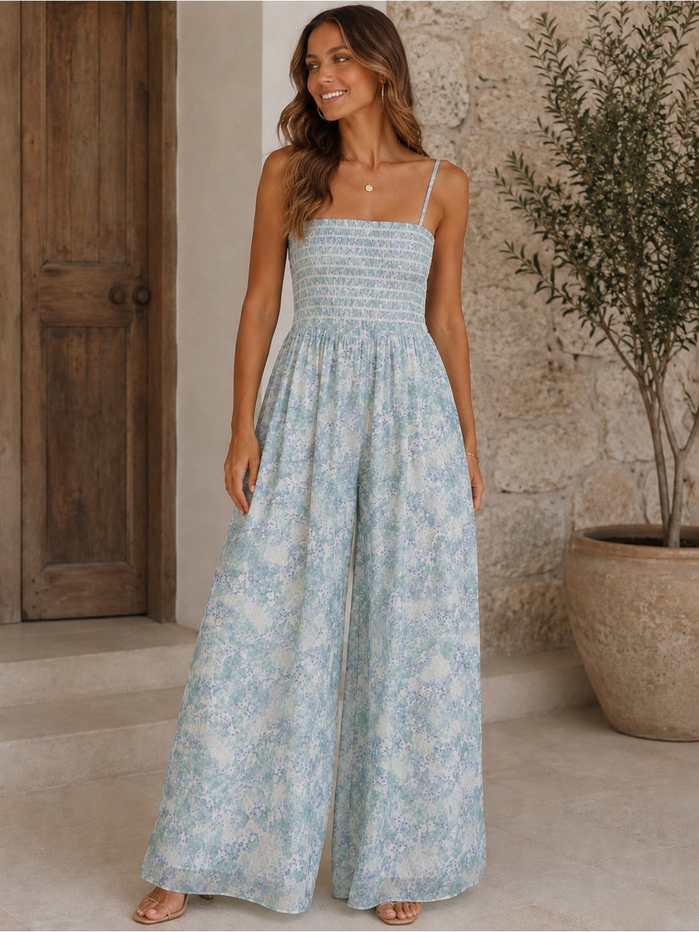 Jacqui E Pale Green and Lavender Floral Smocked Wide-Leg Jumpsuit